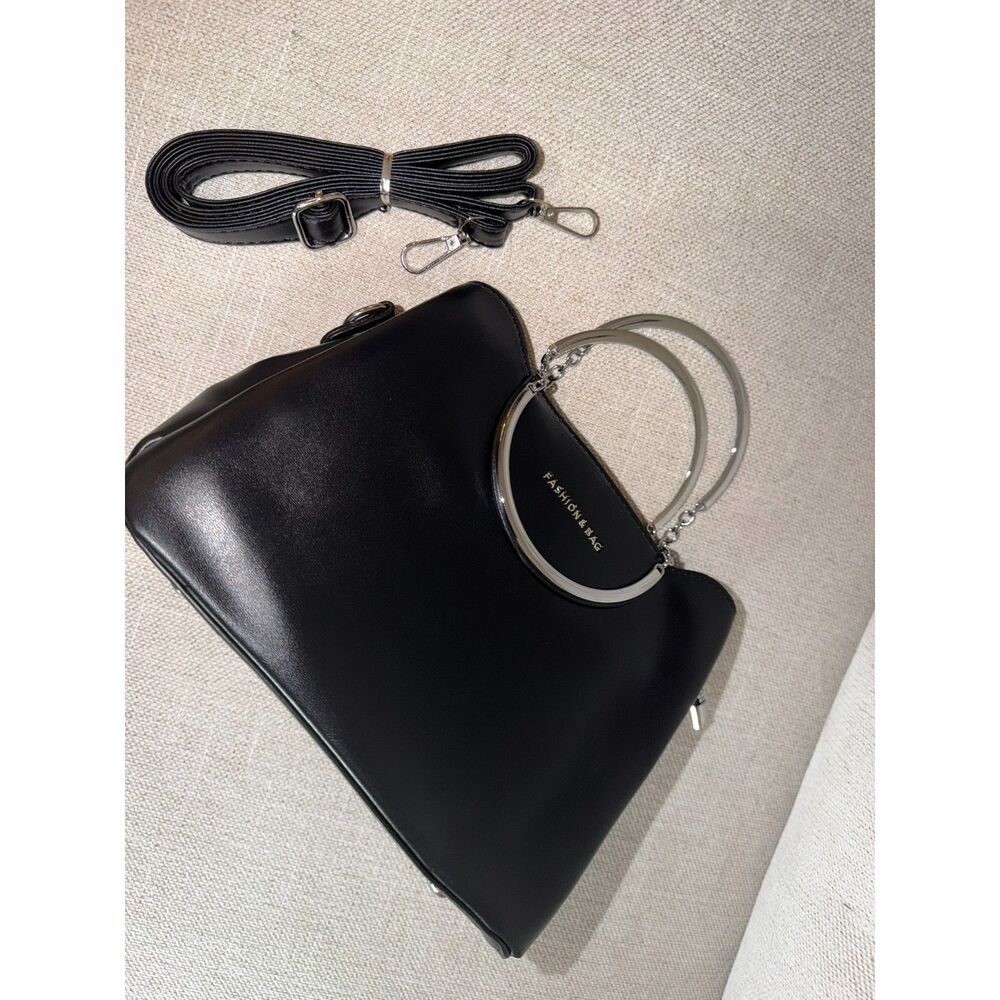 Black Women’s Handbag – Silver Metal Handles & Crossbody Strap – New